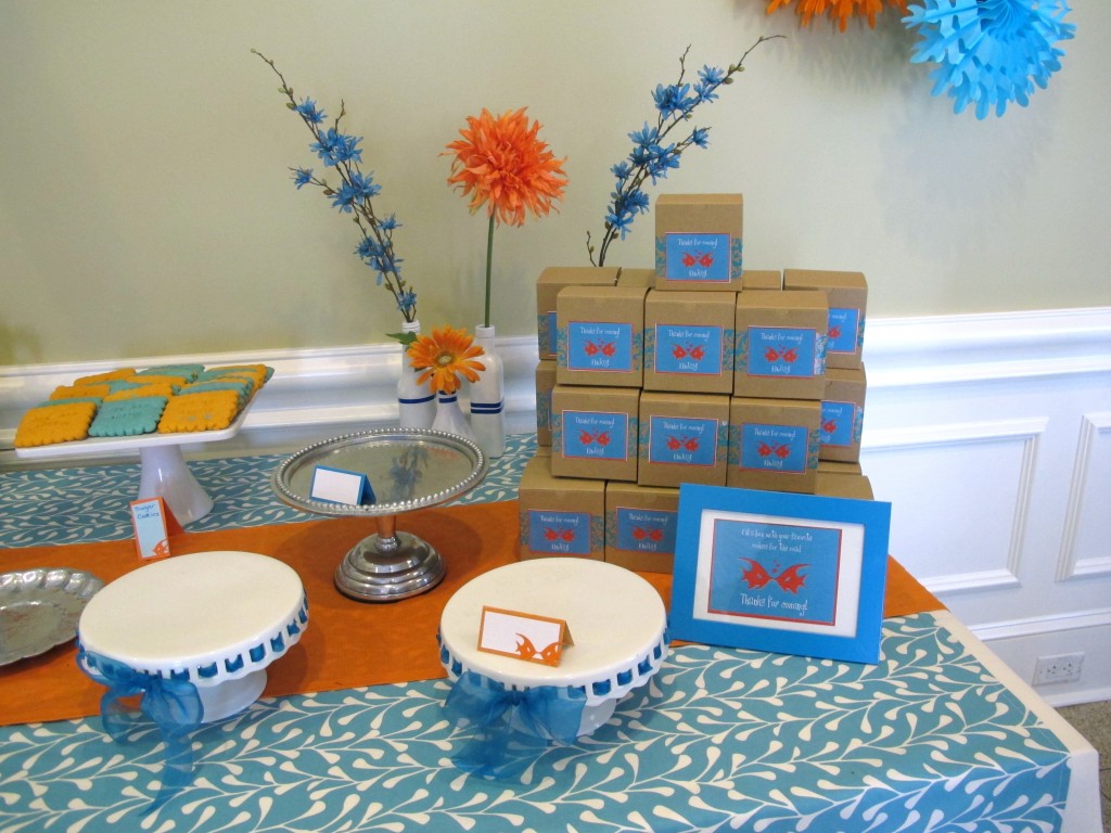 The bride asked a few family members to bake homemade cookies to give away as favors at this shower. I simply added favor tags to brown boxes and guests got to choose which cookies and treats they would like to take home. It was a huge hit!