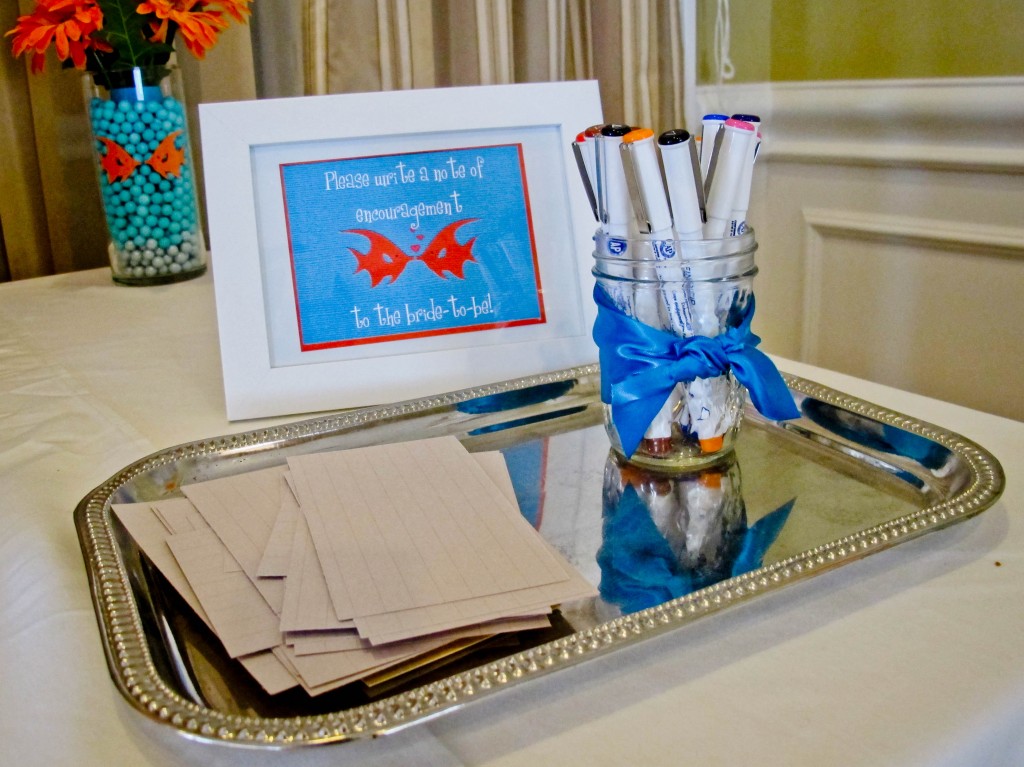 When guests first arrived at the shower, they were asked to write a note of encouragement to the bride-to-be on lined paper. The notes, along with pictures from the shower, were later put into a small scrap book and given to the bride at the wedding. It is a fun memento that she will have and can look back on everyone's notes in years to come.