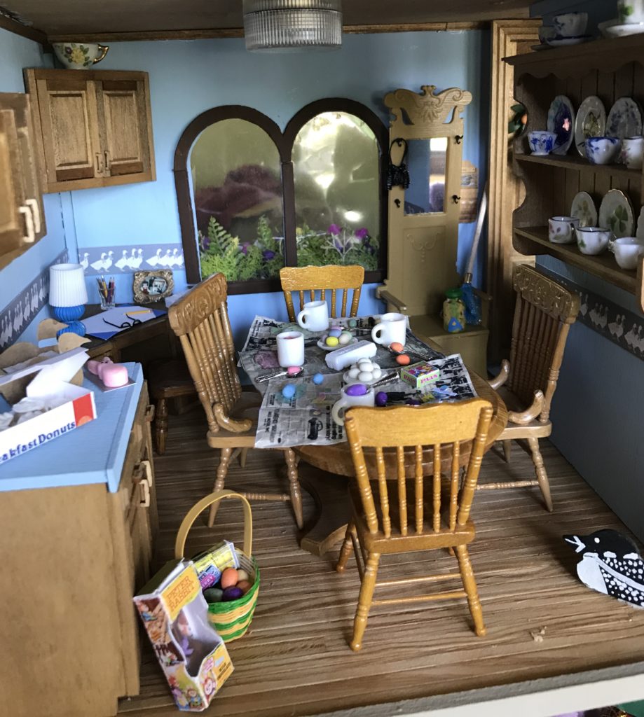 Dollhouse miniature kitchen ready for Easter Egg dying