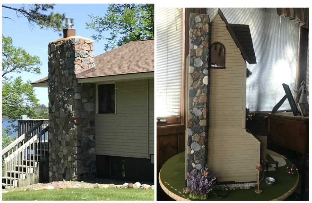 Stone chimney compared to miniature dollhouse chimney