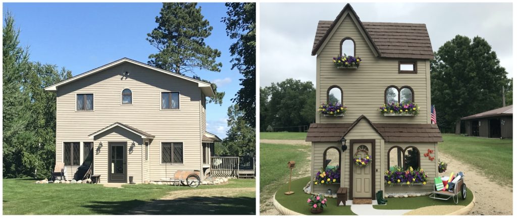 Grandparents life-size house compared to dollhouse miniature house