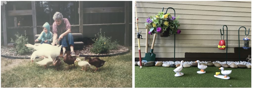 Feeding ducks as a child compared to dollhouse miniature version