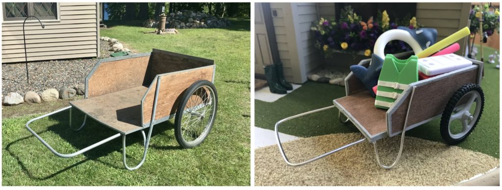 Life size garden cart compared to dollhouse miniature garden cart