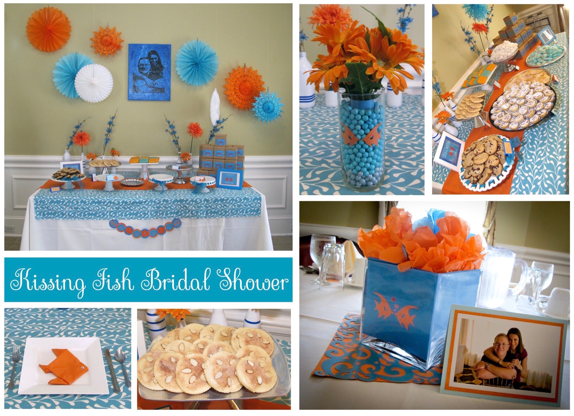 Kissing Fish Bridal Shower Ideas with orange and blue decorations and  cookie favor table