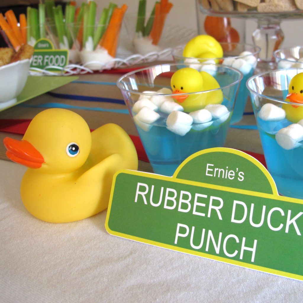 Ernie’s Rubber Ducky Punch made with blue Jell-O, marshmallows, and rubber duck toys