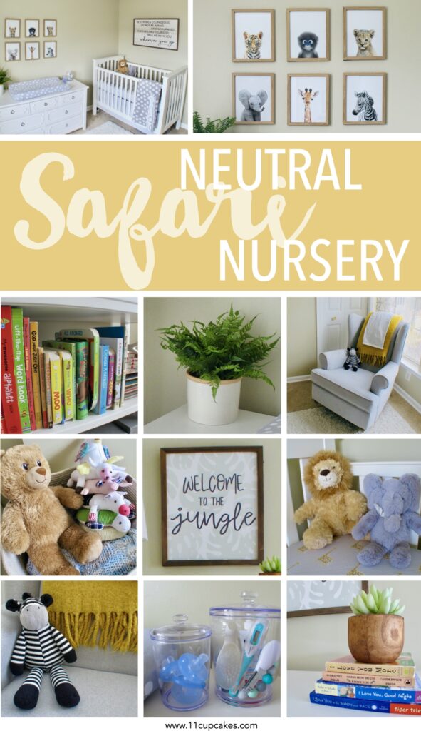 Neutral safari nursery wide shot showing Pottery Barn crib, neutral bedding, and safari animal art prints on wall.